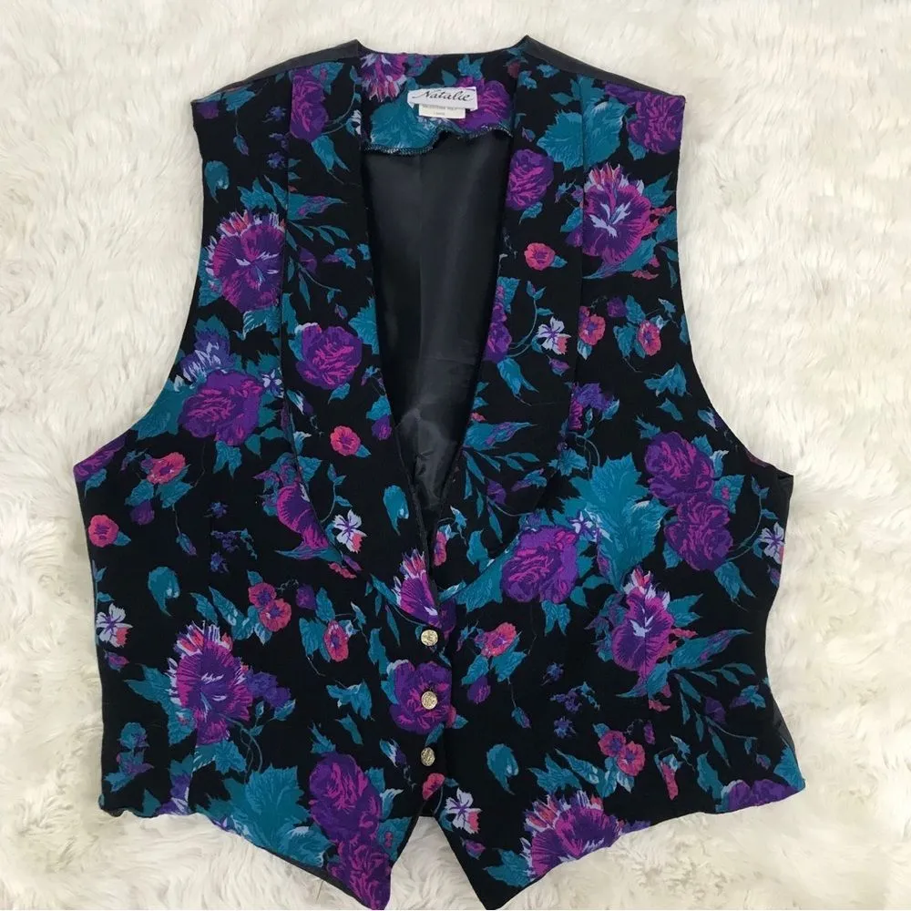 VINTAGE 80s 90s Matching Vest Skirt Outfit Dress‎ Floral Purple Teal Size Large - Image 4