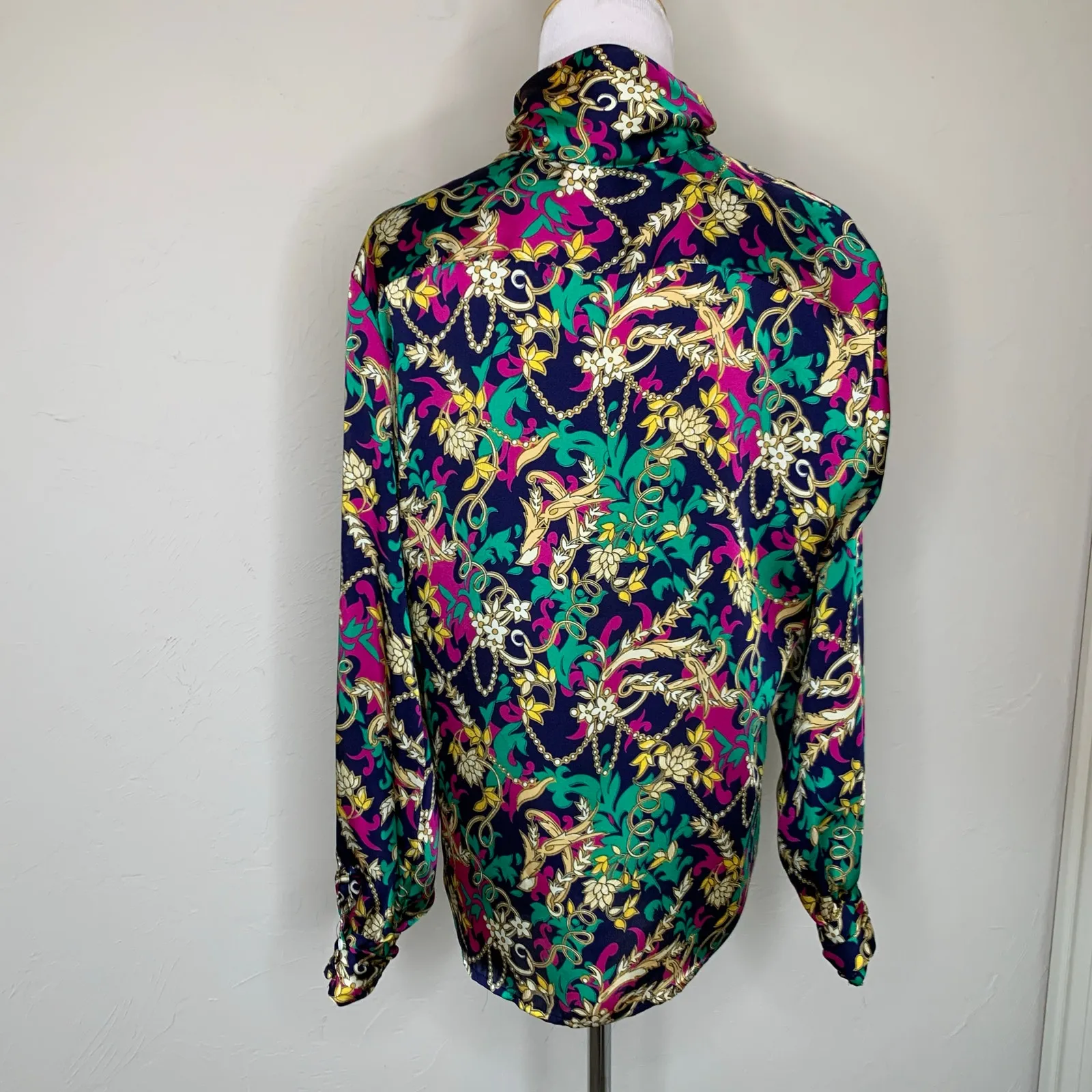 90s Rich Floral Regency Print Dark Blouse Sz 10 Christie & Jill Blue - Image 2