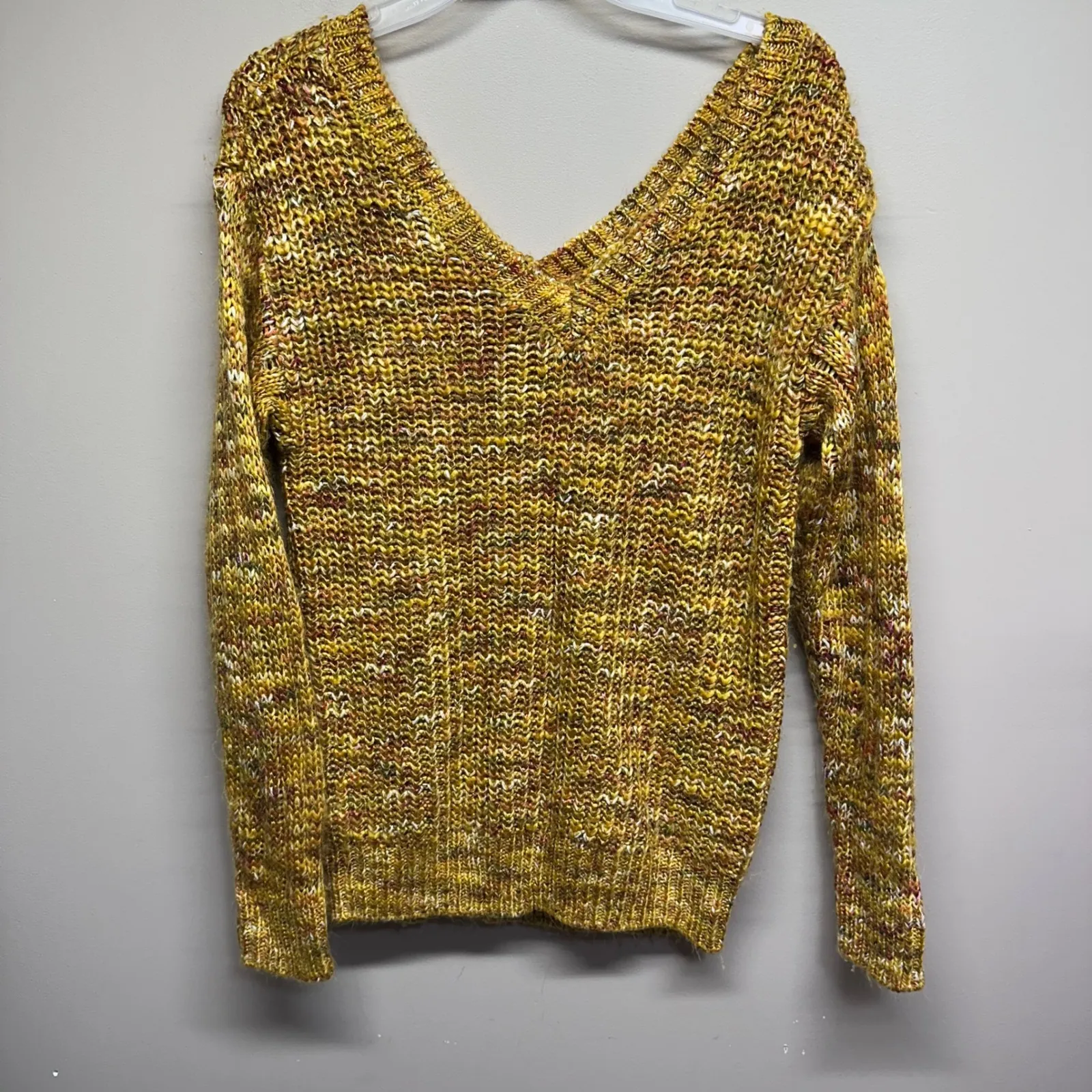 Maurices Yellow Speckled Tight Knit Double V Neck Long Sleeve Sweater Size Small - Image 2
