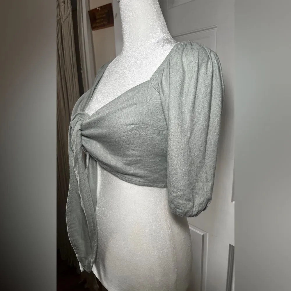Abercrombie Tie Front Linen Blend Puff Sleeve Top Size Small Sage Green - Image 6