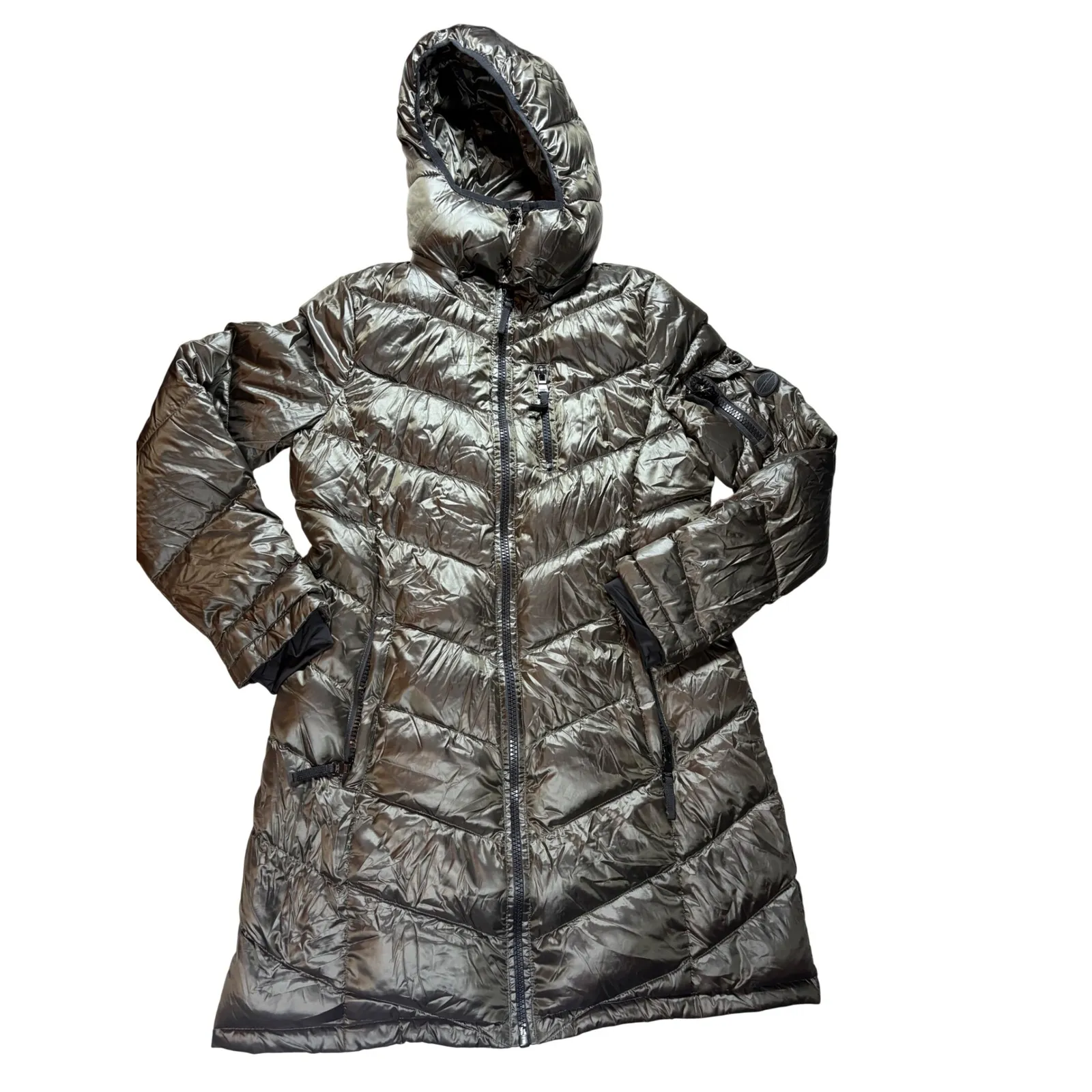 Andrew Marc Women Packable Lightweight Down Puffer Coat Hooded Metallic Bronze M - Image 2
