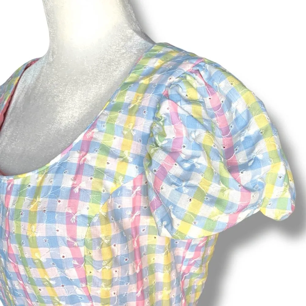 Vintage Denise L Pastel Gingham Plaid Maxi Dress Puff Sleeve Eyelet Maxi Cottage Pink Size XS - Image 5