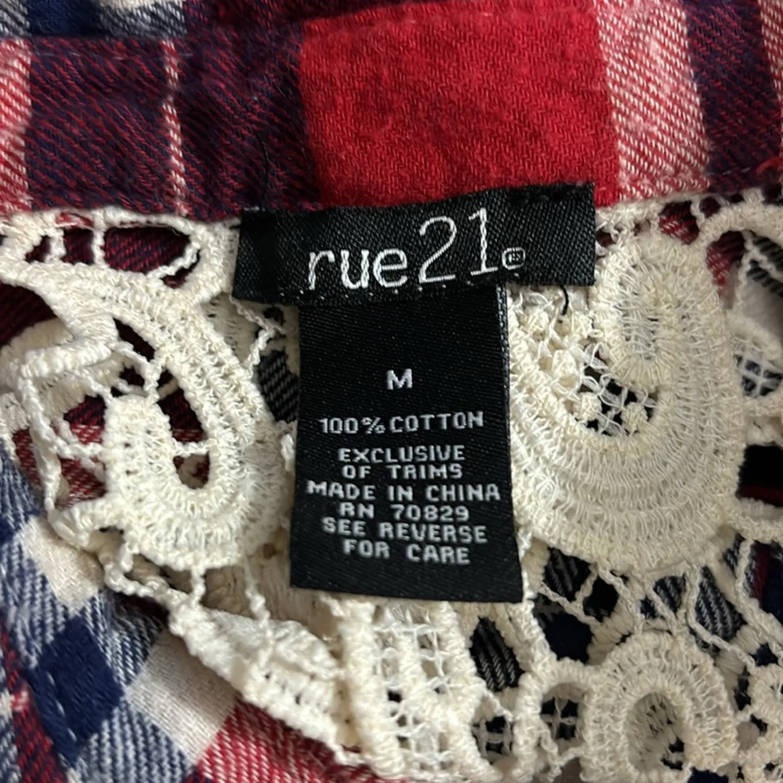 Rue21 Western Plaid Lace Long Sleeve Button Down Top M Costal Cowgirl Boho Chic - Image 7