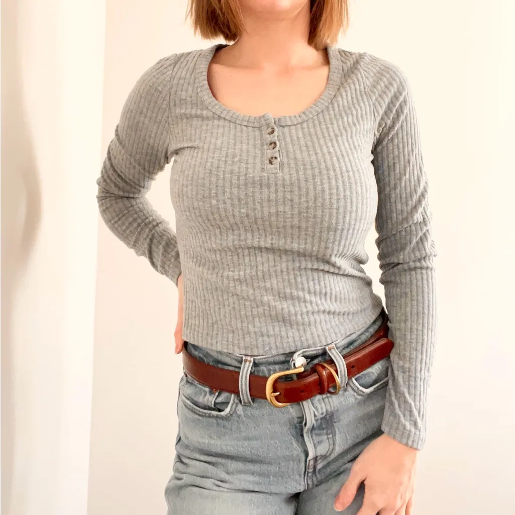 Wild Fable Gray Ribbed Henley Long Sleeve Top - Image 2