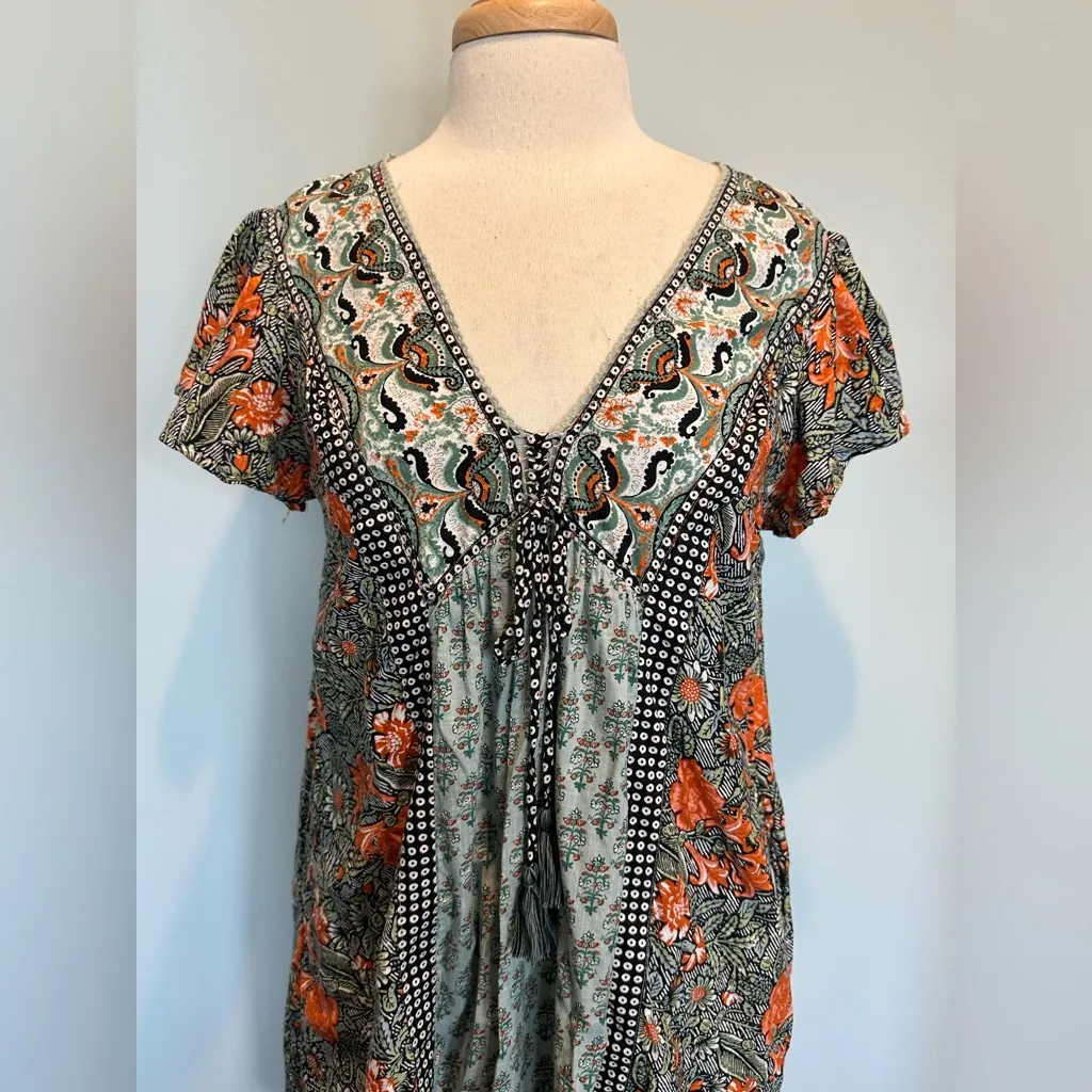Anthropologie Astrid Boho Paisley Floral Tunic Dress Blue Green size Small - Image 13