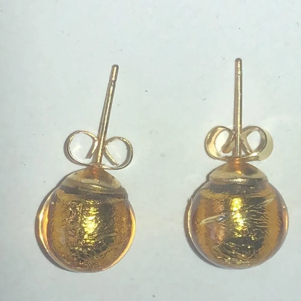 Yellow Gold Tone Shimmer Glass Ball Stud Round Boho Retro Pierced Earrings - Image 4