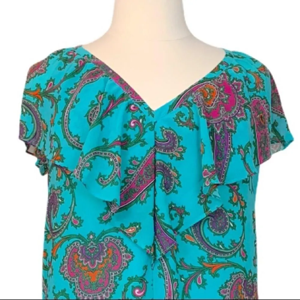 Nicole Miller Women's Dress Plus V Neck Teal Pink Paisley Shift Dress Size 14 - Image 5