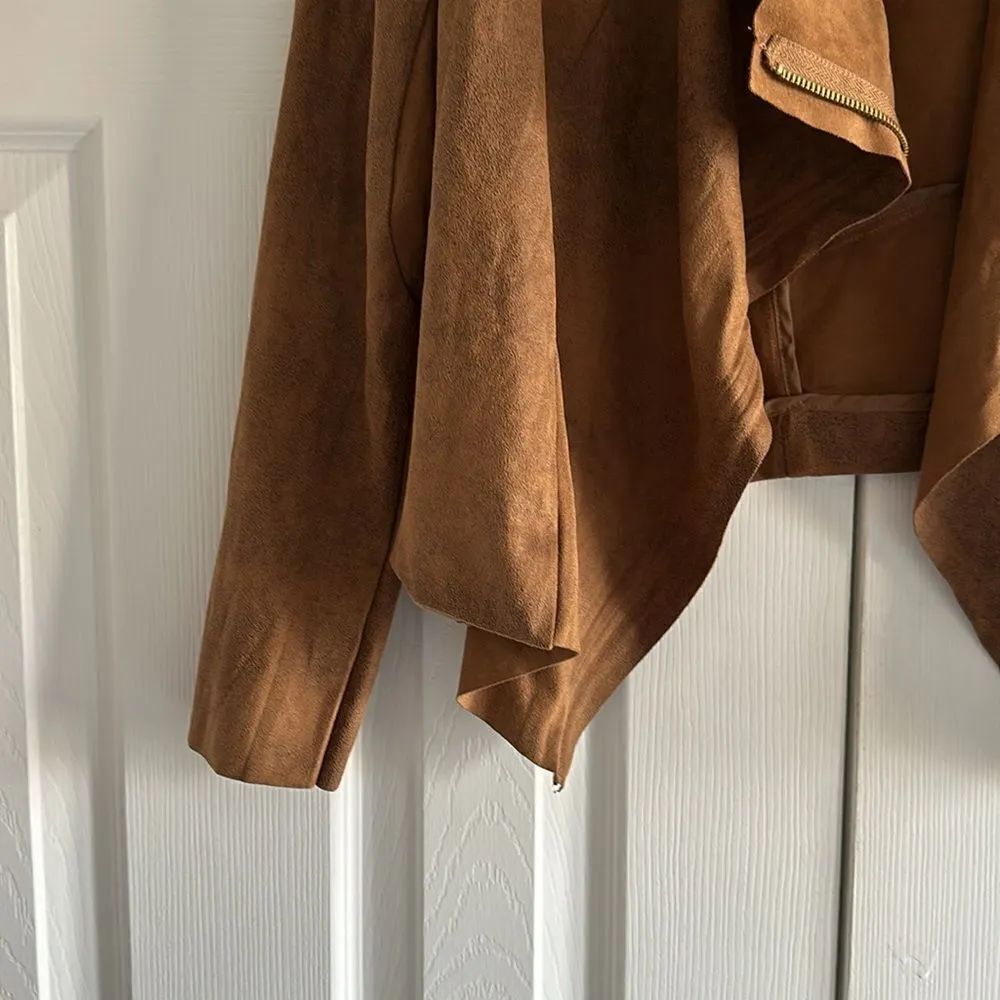 Rebecca Elliot Women’s Faux Suede Cognac Drape Jacket Asymmetrical Zip Size M Gold Size M - Image 2