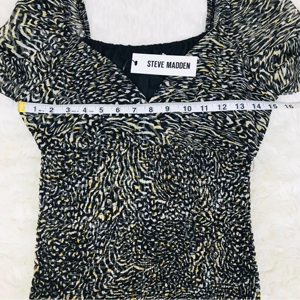 Steve Madden Animal Print Smocked Top Blouse Long Sleeve Gray Black Sz Small New - Image 10