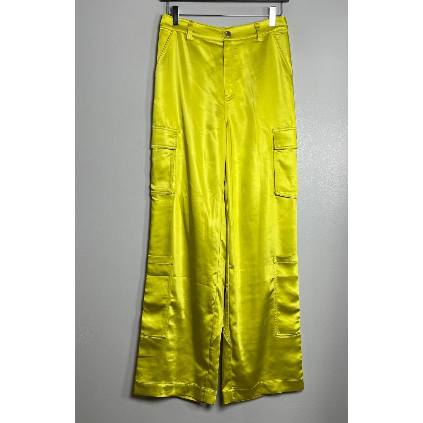 SIMON MILLER Rhodes Pants Size 2 Neon Yellow NEW Satin Cargo Designer Streetwear - Image 2