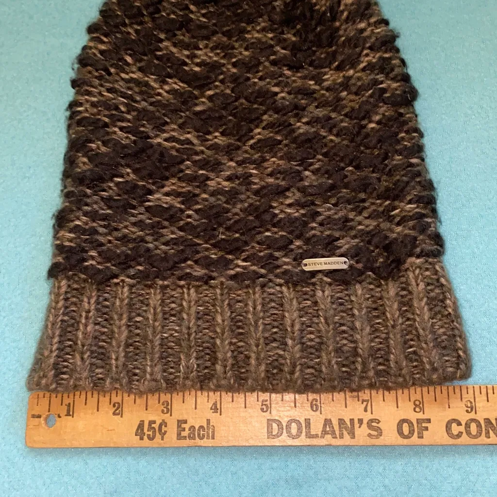 Steve Madden chunky knit pom pom hat beanie dark light browns and tans SZ OSFA - Image 10
