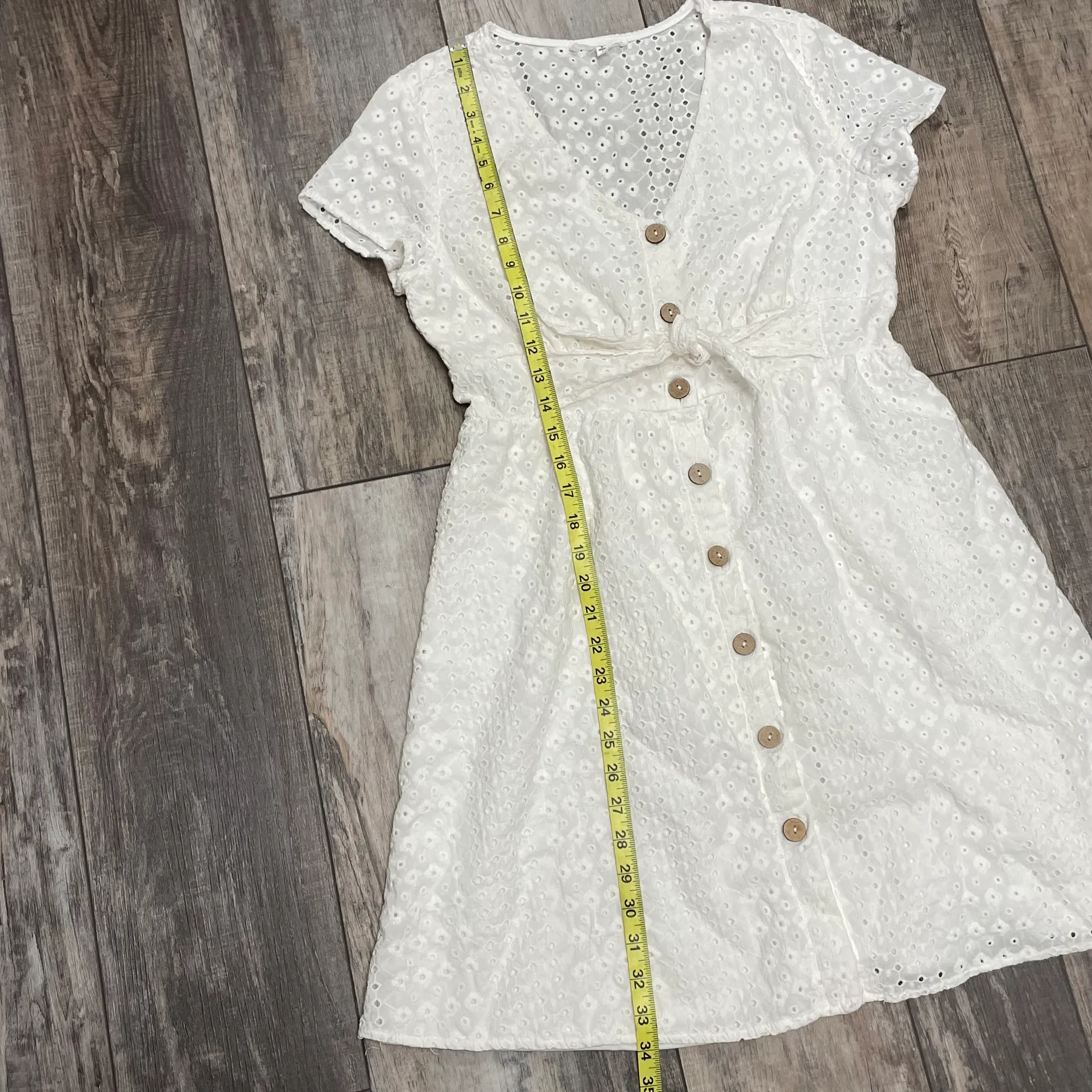 June and Hudson  Midi Dress White Eyelet Boho Button Front Cap Sleeve With Ties 1 - Image 4