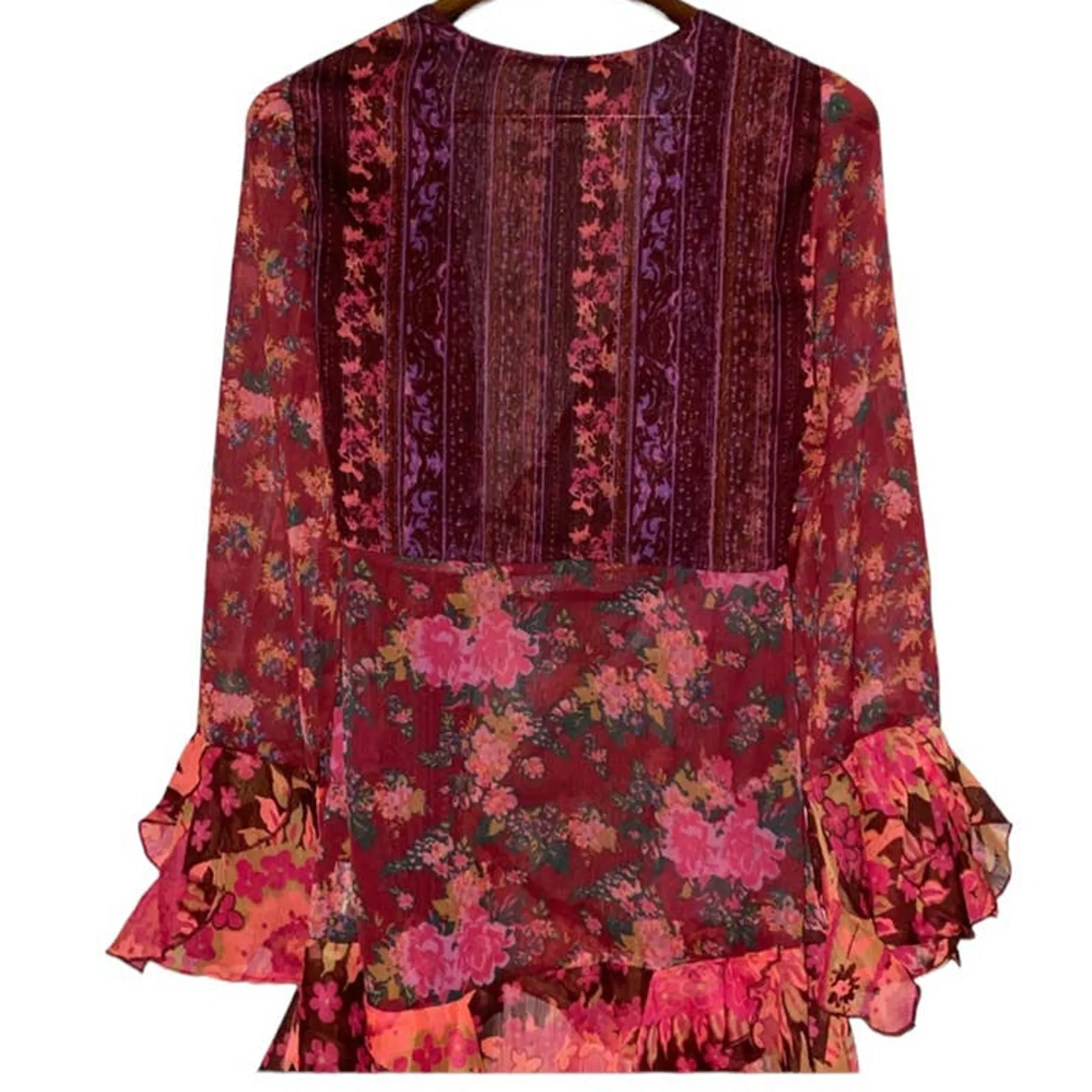 Free People Magic Hour Sheer Floral Wrap Tunic Top Red Pink Combo Size XS - Image 9