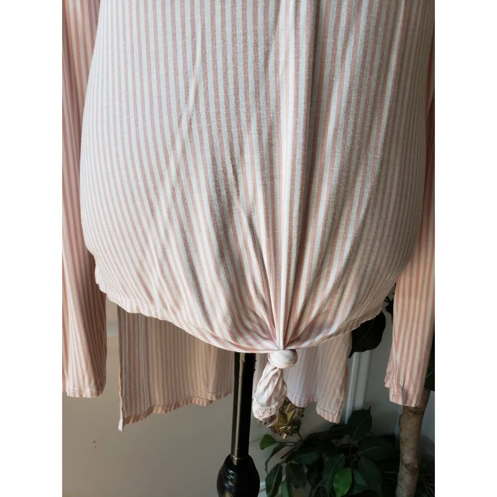 Love Fire Blouse Top Women's XL Pink White Striped Knot Hem V Neck High Low Slit - Image 3