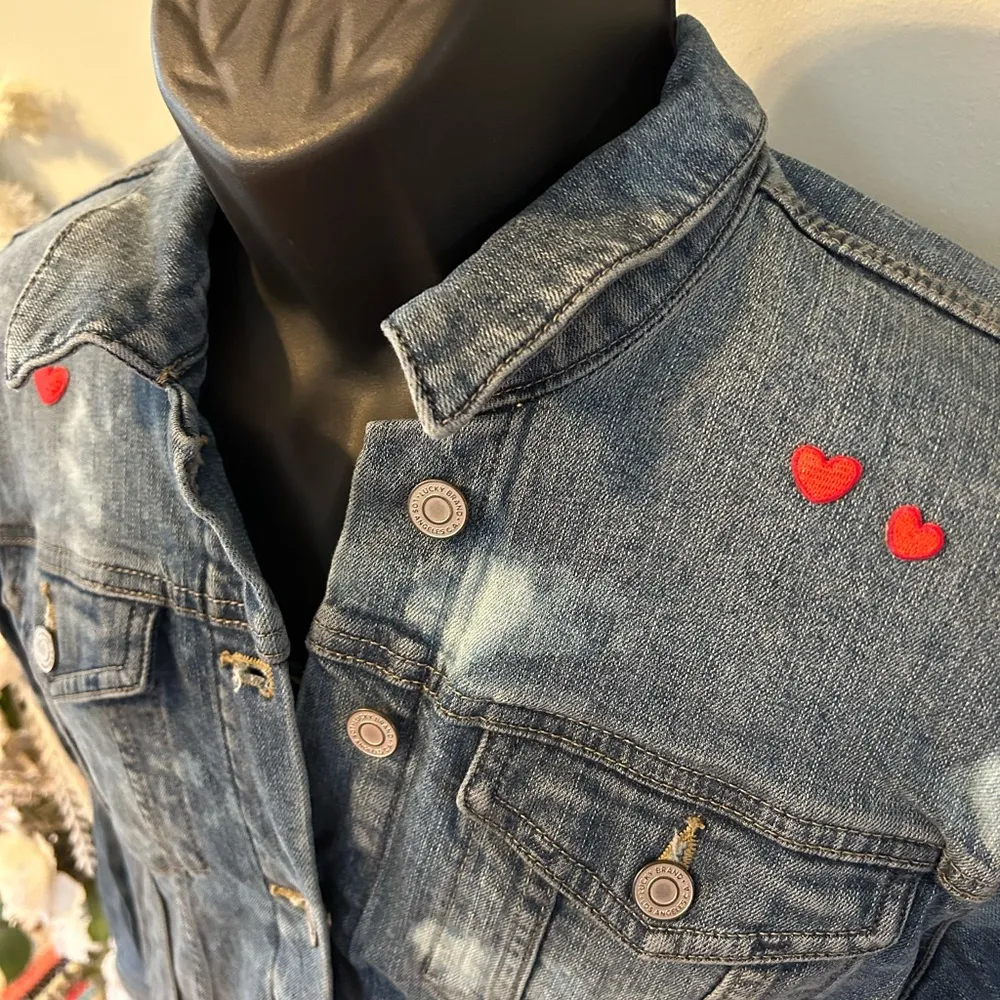 Lucky Brand Heart Embroidered Denim Jacket Tie Dye Blue Jean Large - Image 3