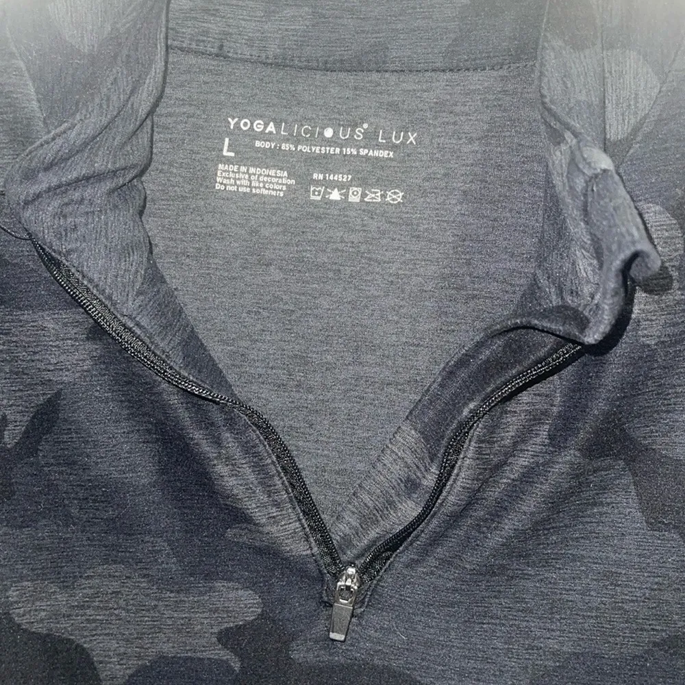 Women's Yogalicious black camo print long sleeve 1/4 zip pullover top. - Image 3