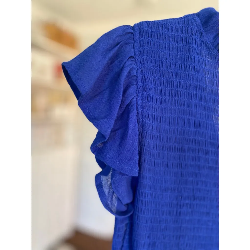 By The River Smocked Maxi Dress Royal Blue Flutter Sleeve Quiet Luxury Romantic Size L - Image 6