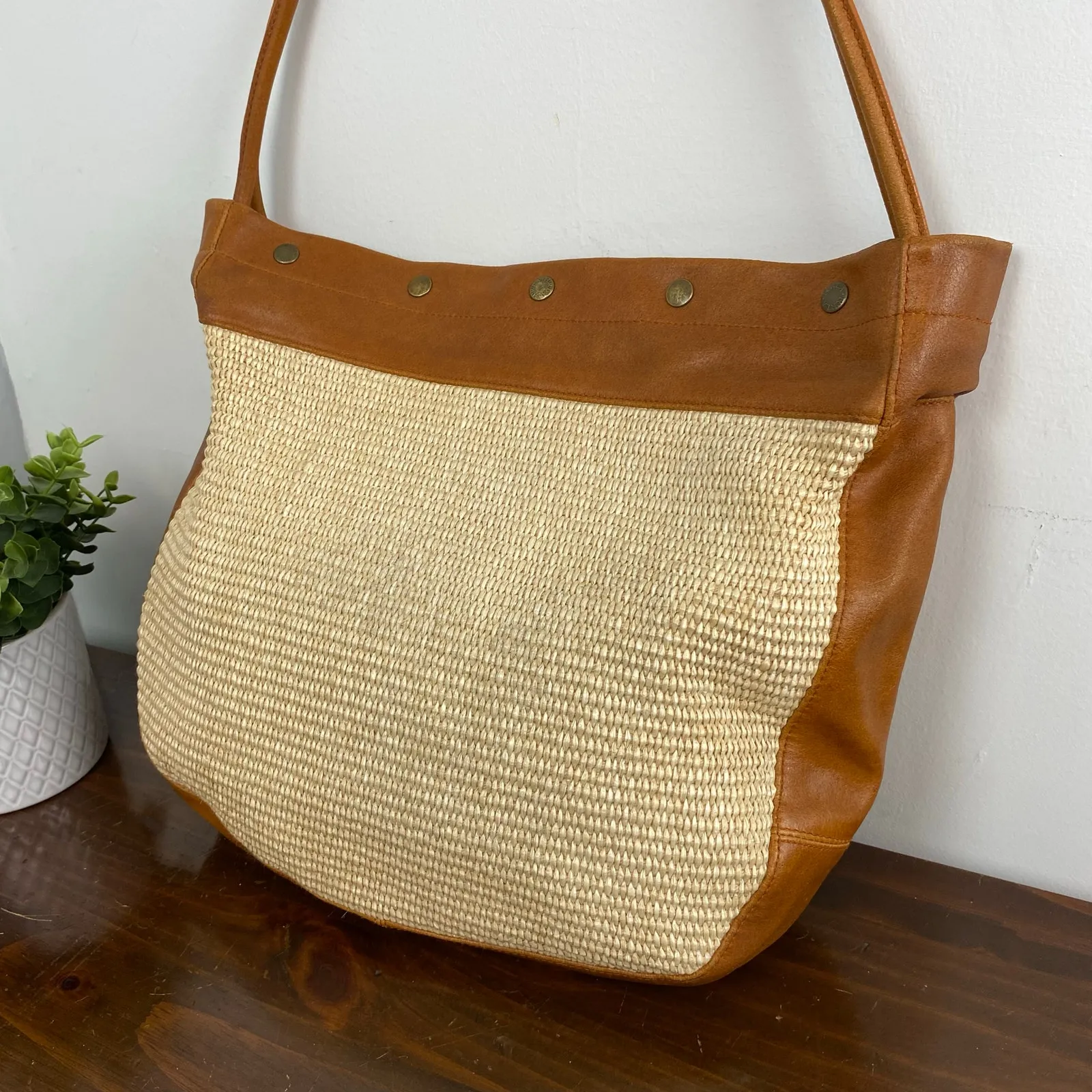 Furla Straw and Cognac Leather Slouchy Hobo Shoulder Bag Tote Bohemian Chic - Image 2