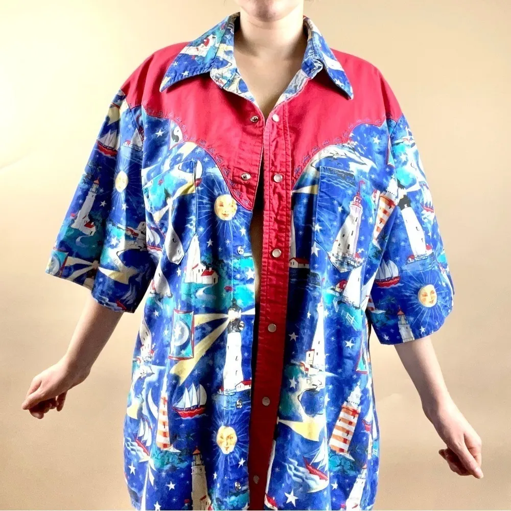 VINTAGE Women's XL Lighthouse Yin Yang Sun Moon Button Up Shirt Beach Y2K Granny Blue - Image 2