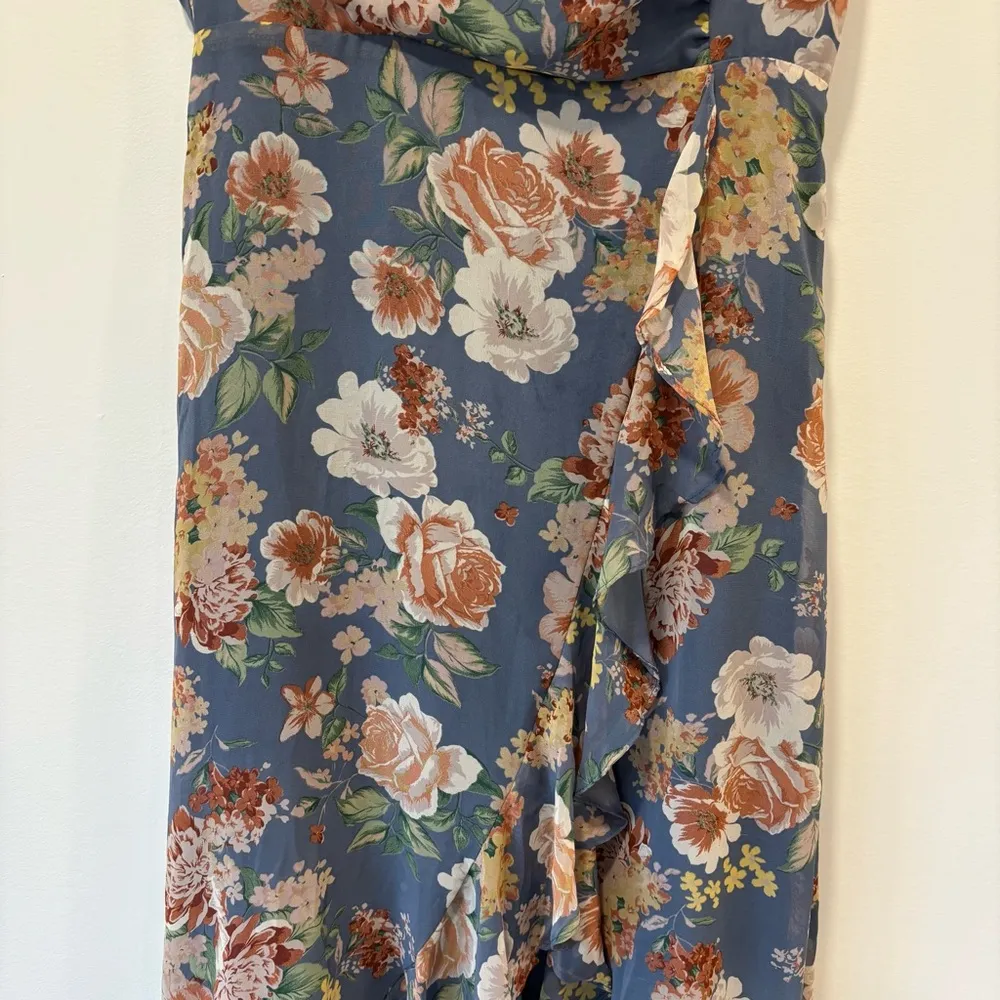 Dress Forum Los Angeles Blue Floral Midi Dress Slit Ruffle Formal Wedding Garden - Image 6