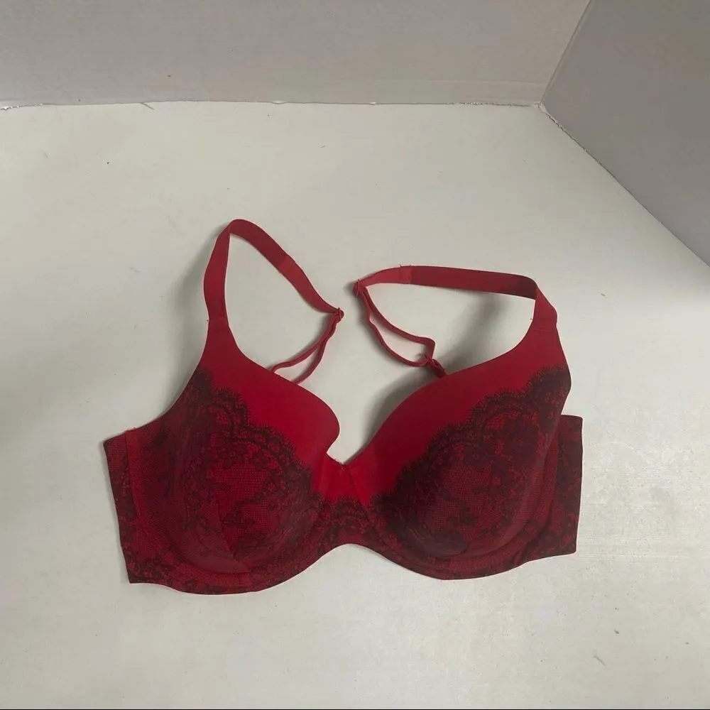 AMBRIELLE, Red Bra, Black printed lace. 2 prong 3 row clasp closure, 36D, underwire Size undefined - Image 6