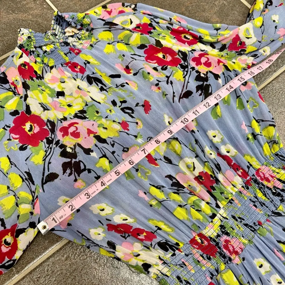 byTiMo Semi Couture Long Sleeve Ruffle Mock Neck Mini Dress Floral Blue Medium M - Image 12