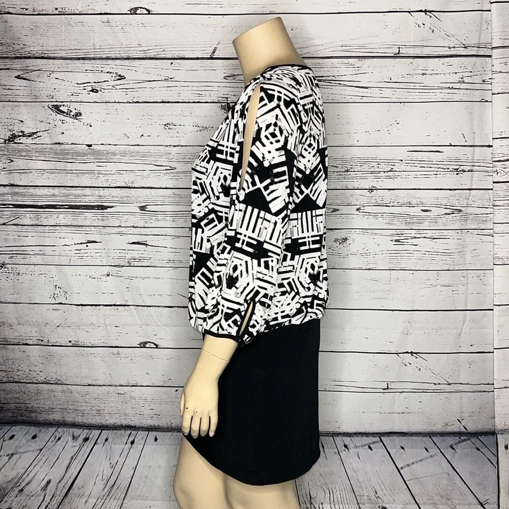 Nicole Miller NWT Size XL Black & White Printed Cut-Out Sleeve Blouson Dress - Image 3