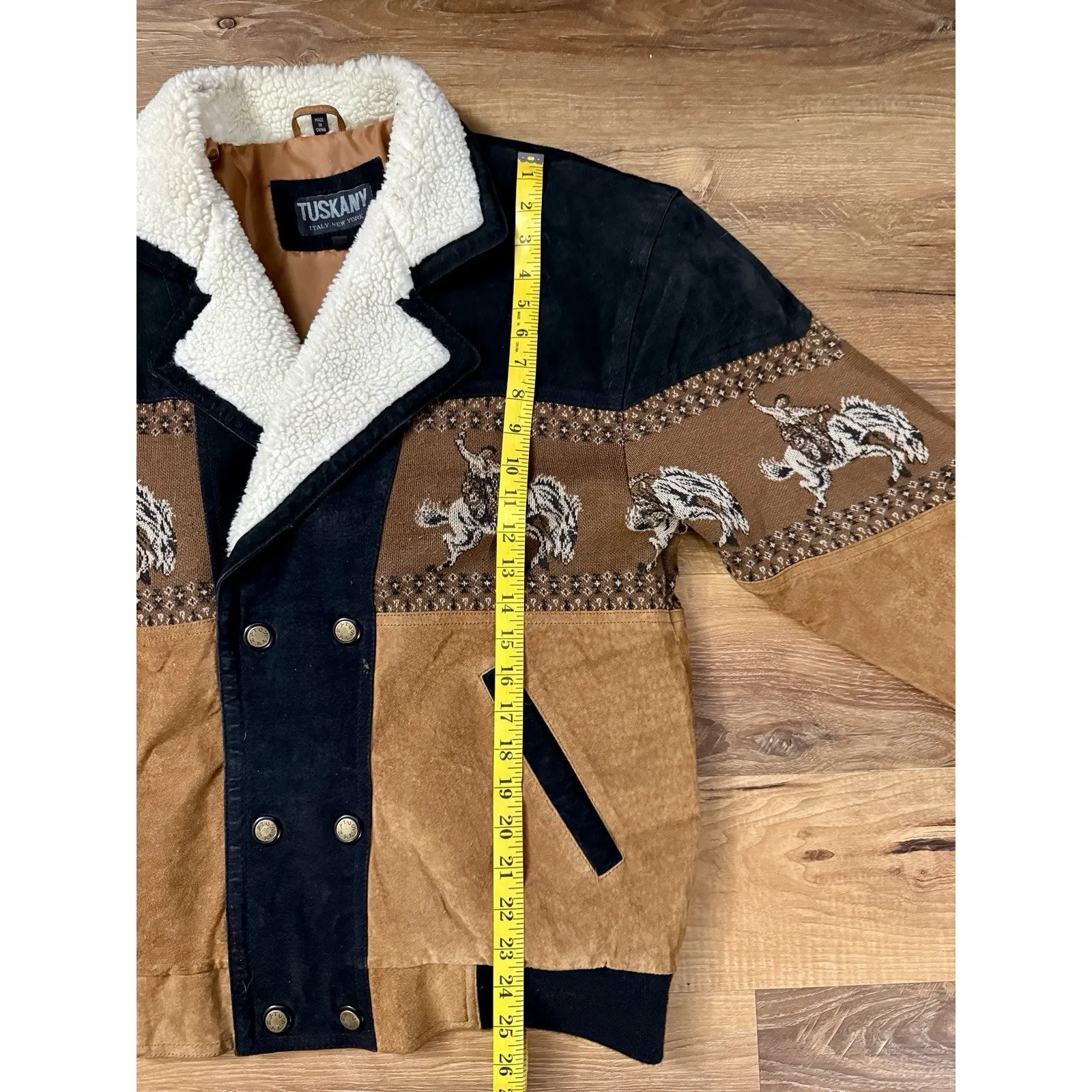 Vintage Leather Bomber Jacket L Western Horse Rider Sherpa Collar Wool Coat Black Size L - Image 5