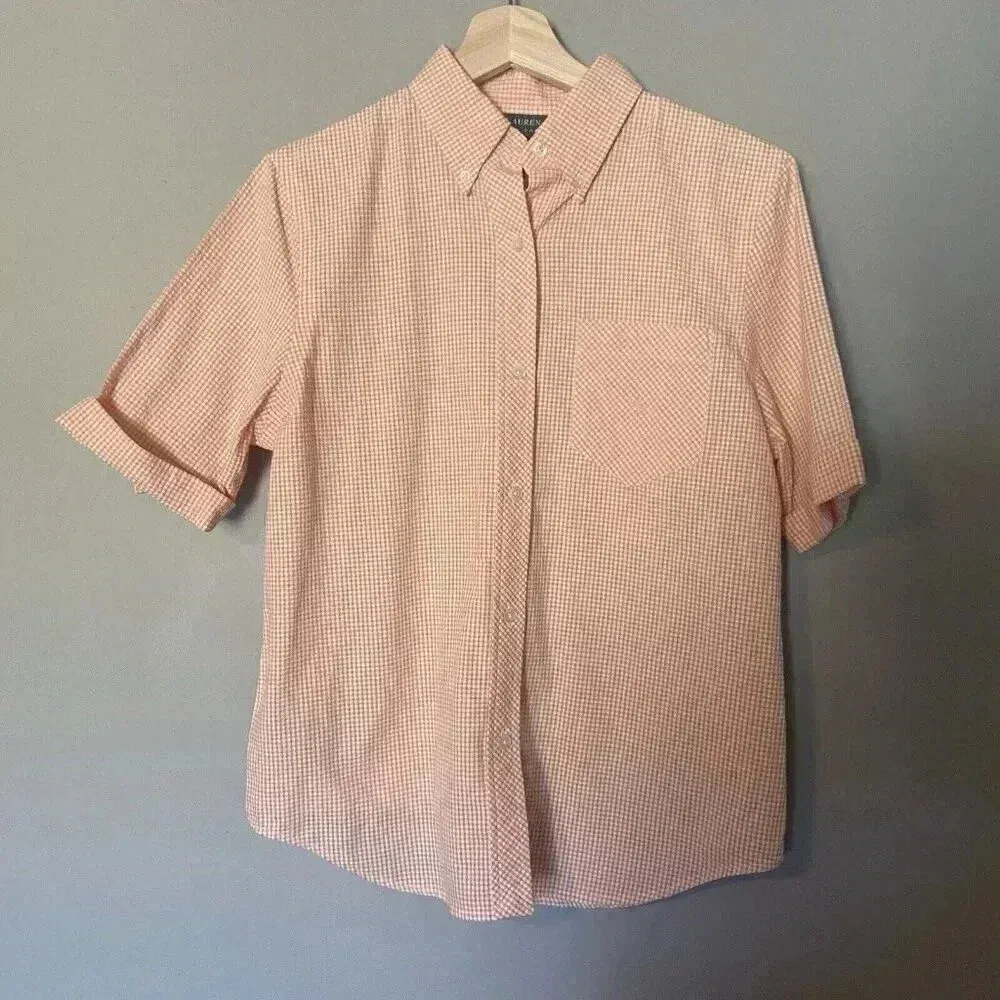 Ralph Lauren Coral Peach Gingham ButtonShort Sleeve Shirt Pants Set Size‎ M /12 - Image 3
