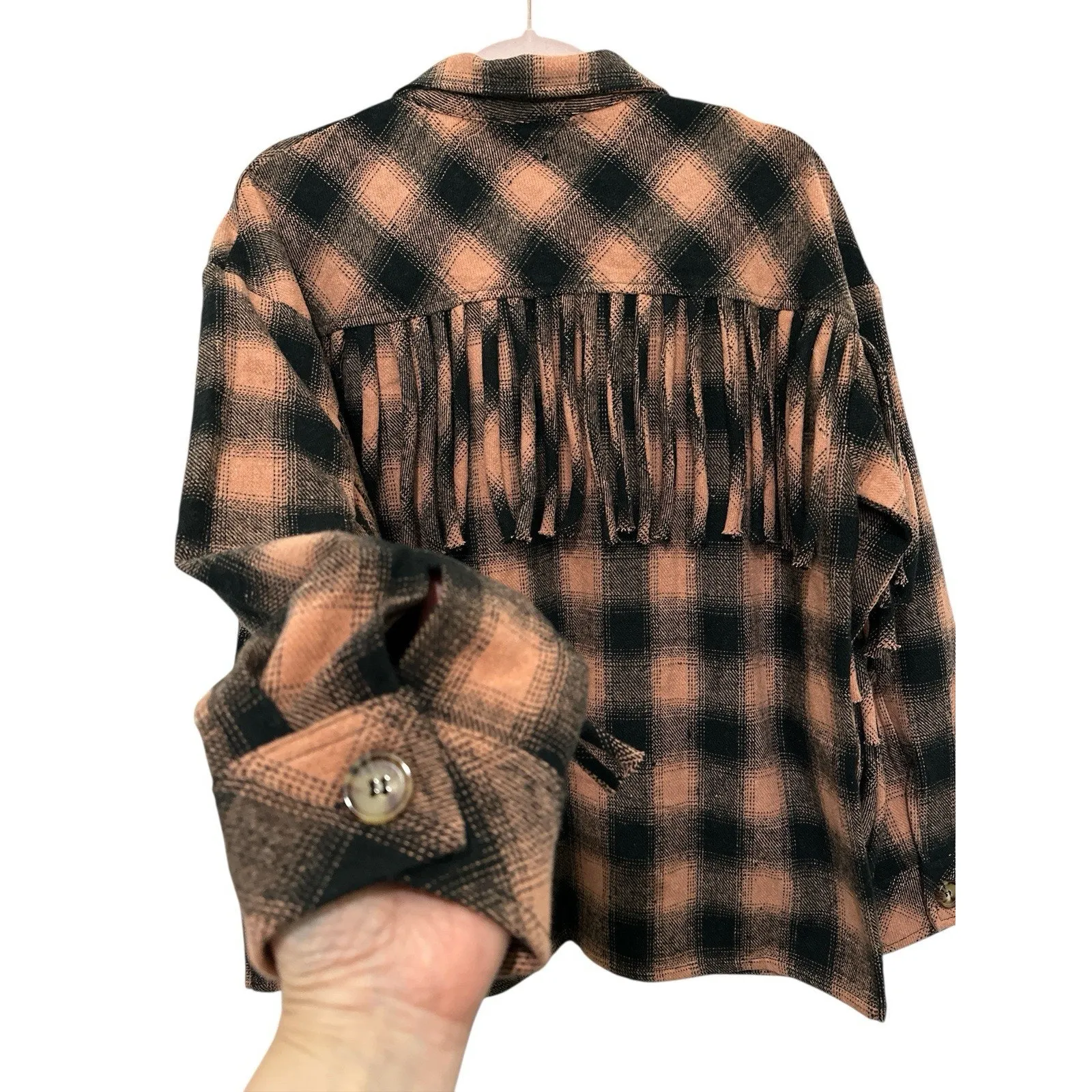 Entro Fringe Plaid Shacket S oversized fit western, edgy boho, whimsical look. - Image 4