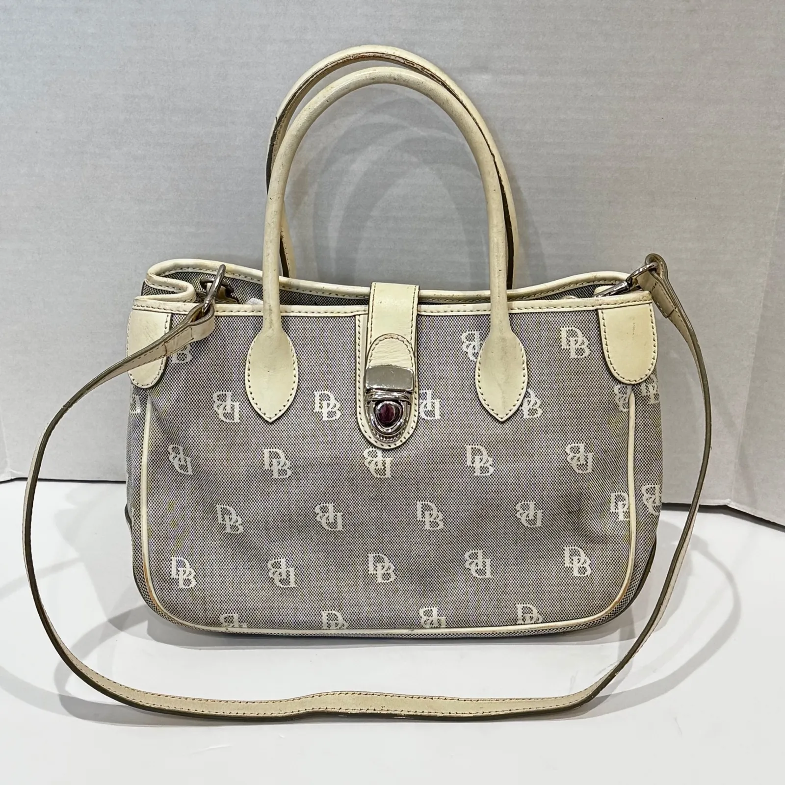 Dooney & Bourke Monogram Canvas Leather Trim Satchel Bag Cream Beige Pink Liner - Image 2
