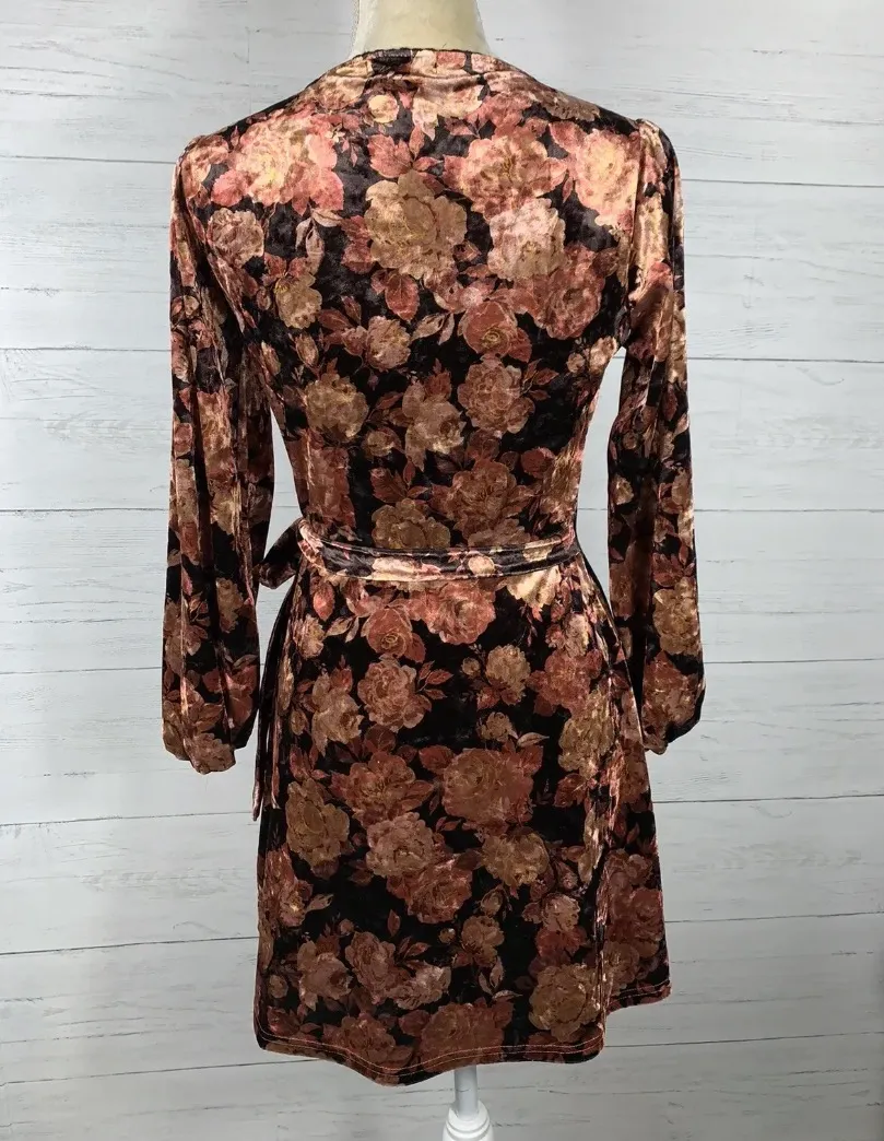 Surplice V-Neck 3/4 Sleeve Floral Velvet Faux-Wrap Minidress S - Image 5