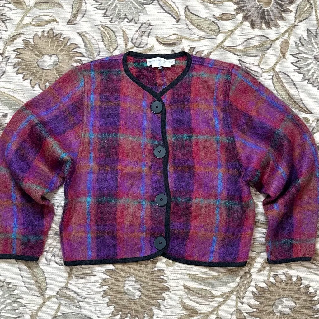 Vintage Wool Sweater Cardigan Colorful Plaid Mohair Jacket Tony Lambert L Large Red - Image 2