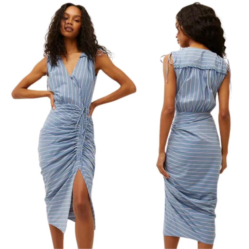 NWT Veronica Beard Teagan Stripe Ruched V-Neck Midi Dress Blue Size 6 Side Slit - Image 2