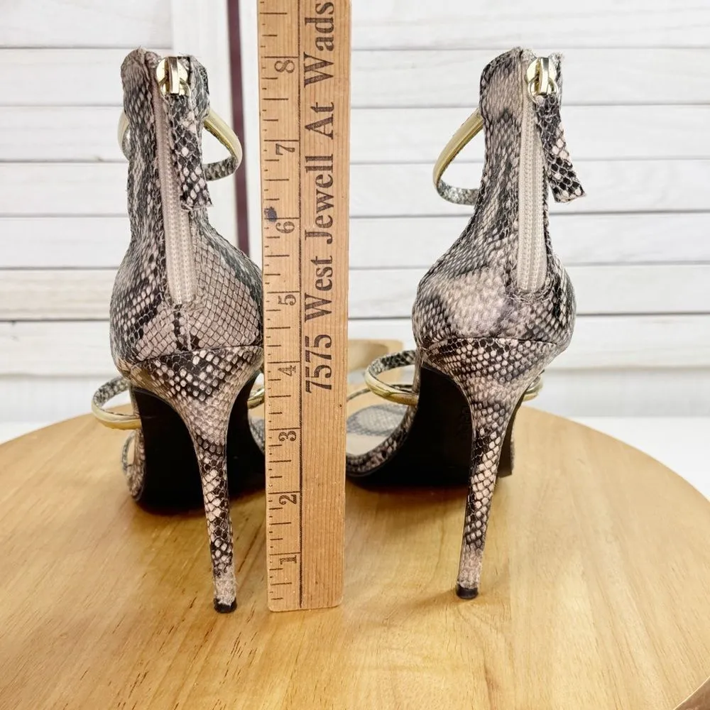 Bebe Berdine Y2K Snakeskin Gold‎ Band Strappy Sandals Heels Tan Brown 8 - Image 8