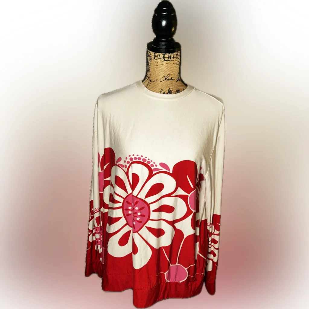 Farm Rio Anthropologie Oversized Baggy Retro Floral Red Pink Cream Sweatshirt M - Image 6