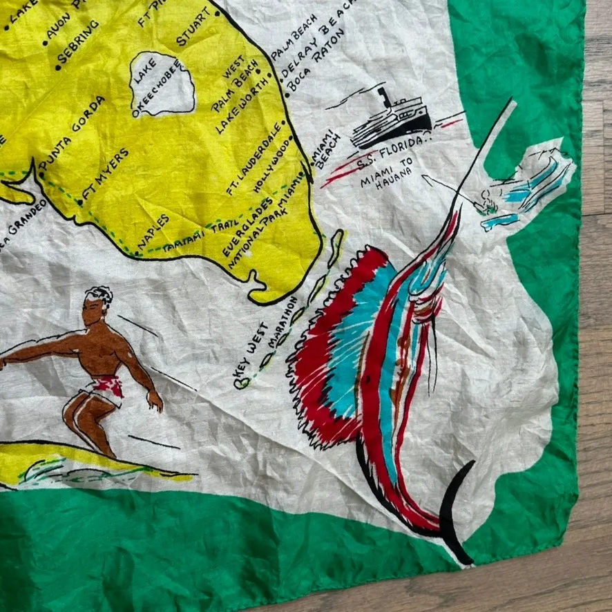 Vintage Florida Souvenir Silk Scarf Retro Land of Sunshine Travel Map Tourist Green - Image 5
