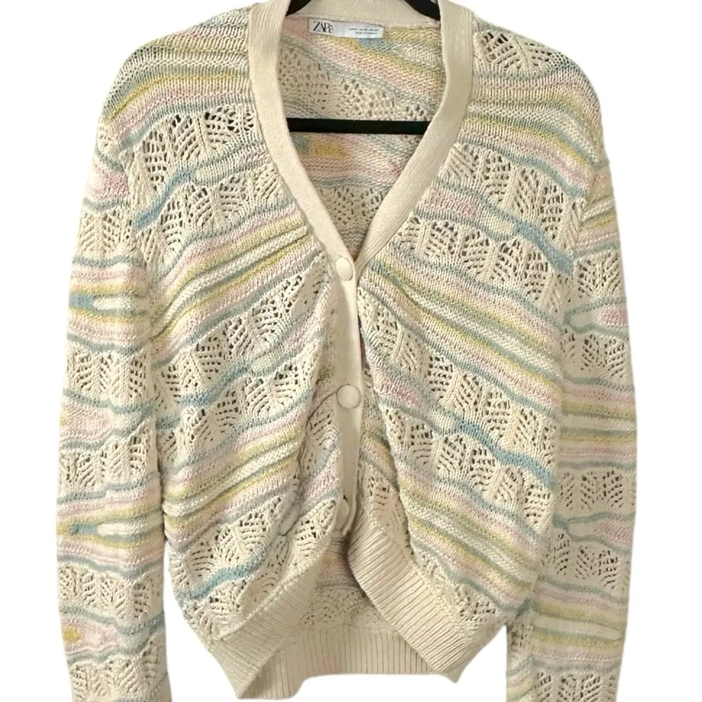 Zara Pointelle Neutral Pastel Cardigan Sweater Size Medium Blogger Favorite - Image 7