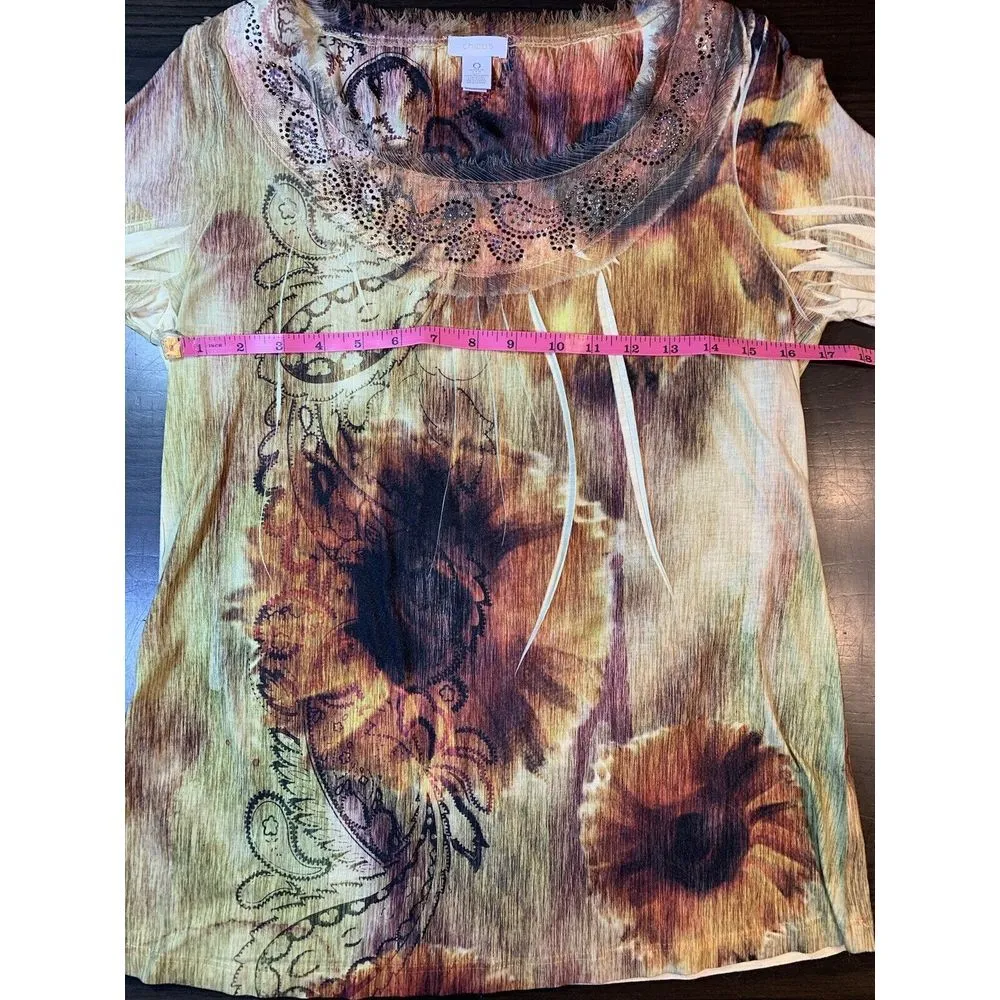 Chicos 0 Blouse Top Small Brown Floral Stretch‎ Embellished Lace Feathers Shirt - Image 10