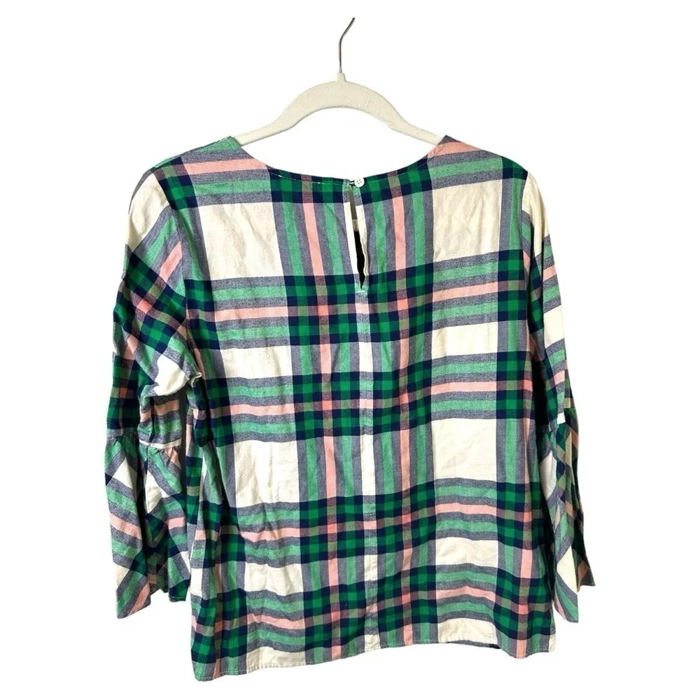 J Crew Shirt Womens S 4 Flannel Flared Sleeve Plaid Peasant Blouse Green Pink - Image 2