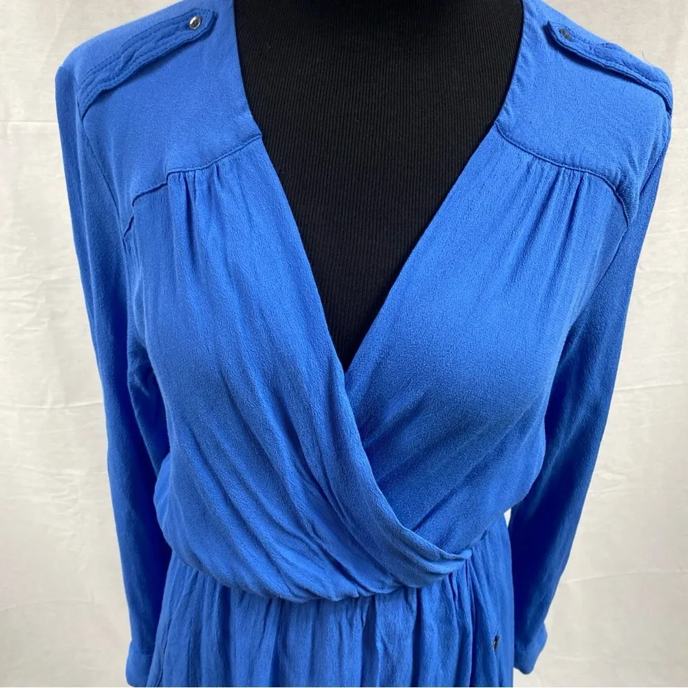 Anthropologie Maeve Blue Lene Faux Wrap Dress Size XS Long Sleeve Zipper Pockets - Image 3