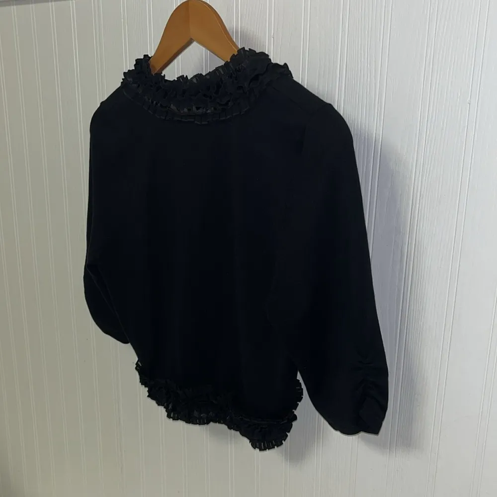 White House Black Market Black Ruffled Open Front Silk Sweater - Image 6