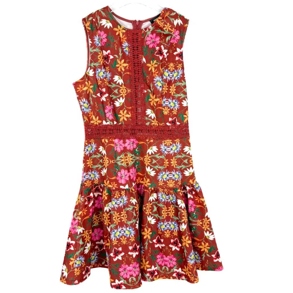 NWT Alexia Admor Justine Lace Trim Flounce Hem Dress Rust Floral Size Medium M - Image 3