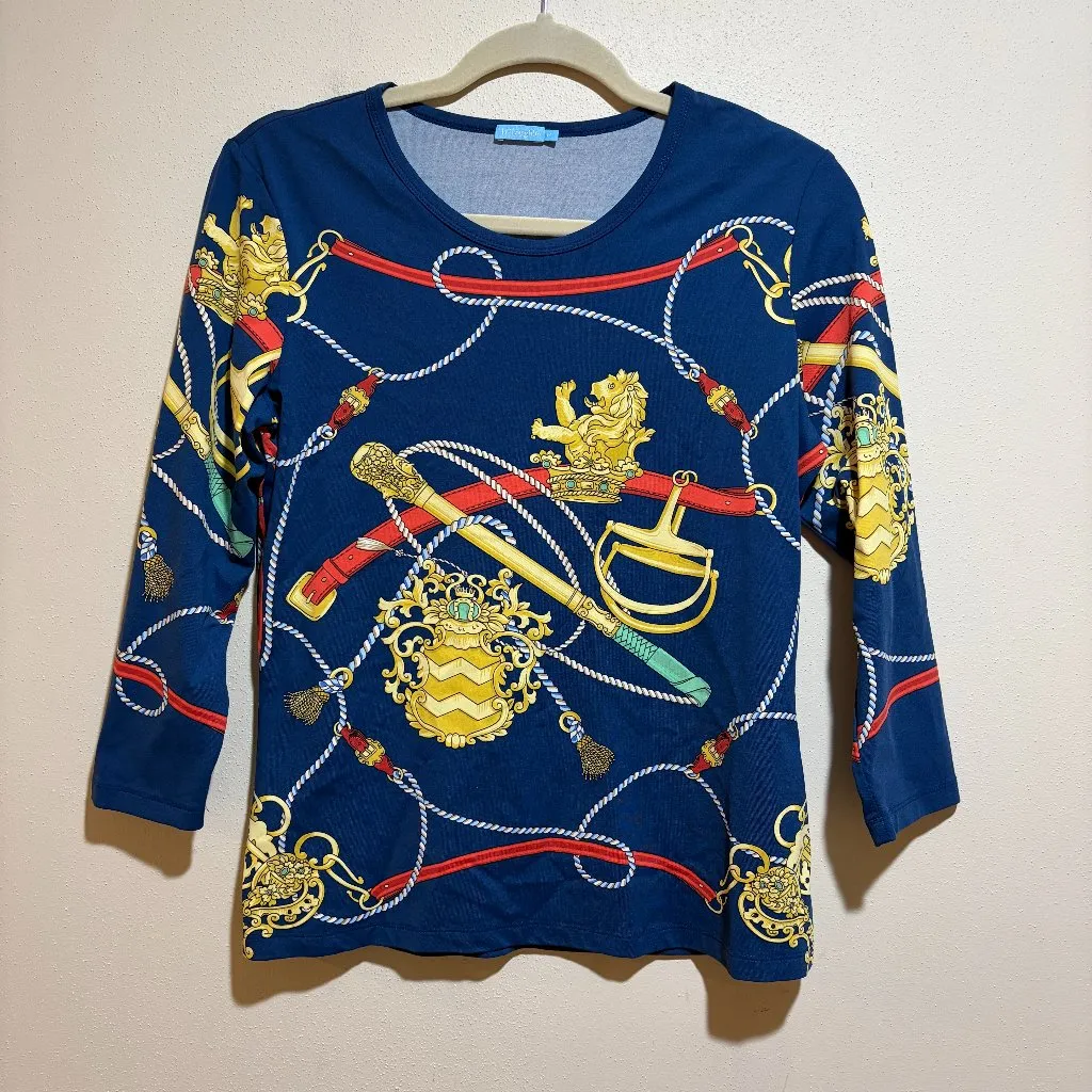 J McLaughlin Catalina Cloth Blue Equestrian Lion Rope Signature 3/4 Sleeve Tee Size M - Image 2