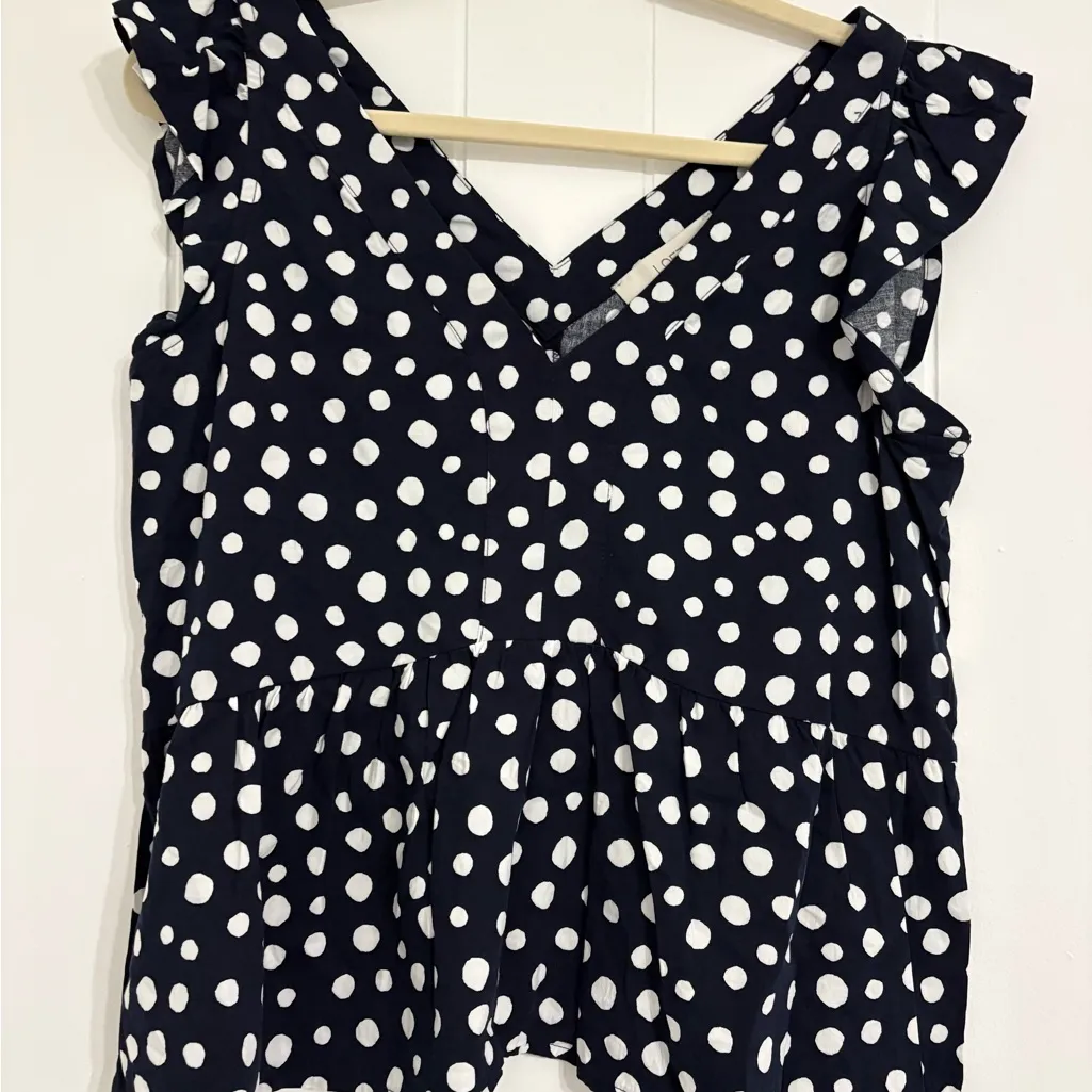 LOFT Navy and White Polka Dot Ruffle Blouse - Image 2