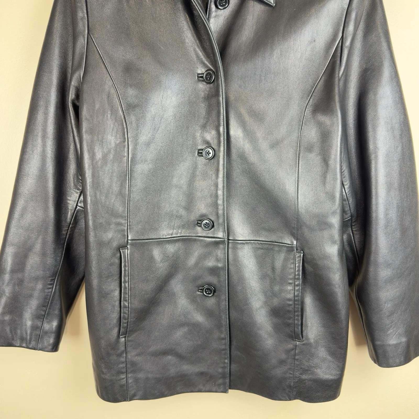 Petite Sophisticate  Black Leather Blazer Jacket Women’s Size M Button Front - Image 2