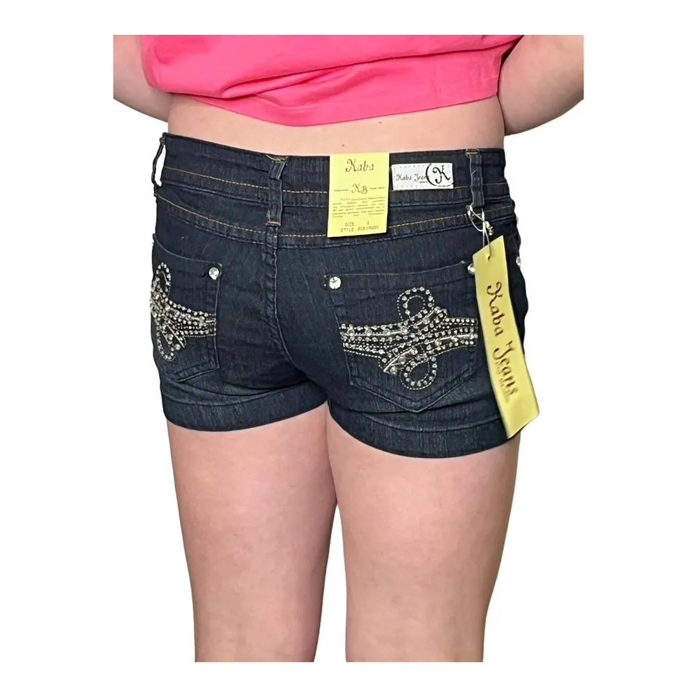 NEW Kaba JEAN SHORTS SZ 7 Dark Blue Denim Stone Stud Bedazzled Double Lasso NWT - Image 8