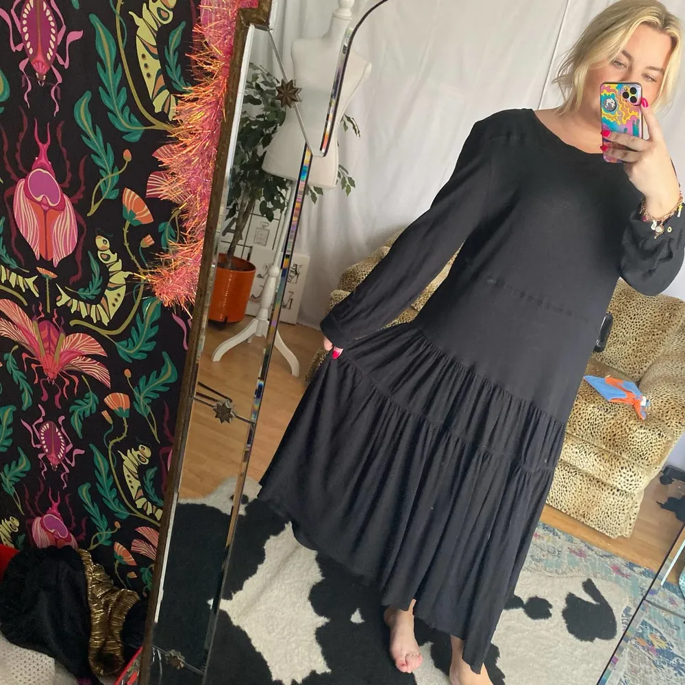 FP Beach Tiered Long Sleeve Maxi Dress with Slit Black Size Small - Image 5