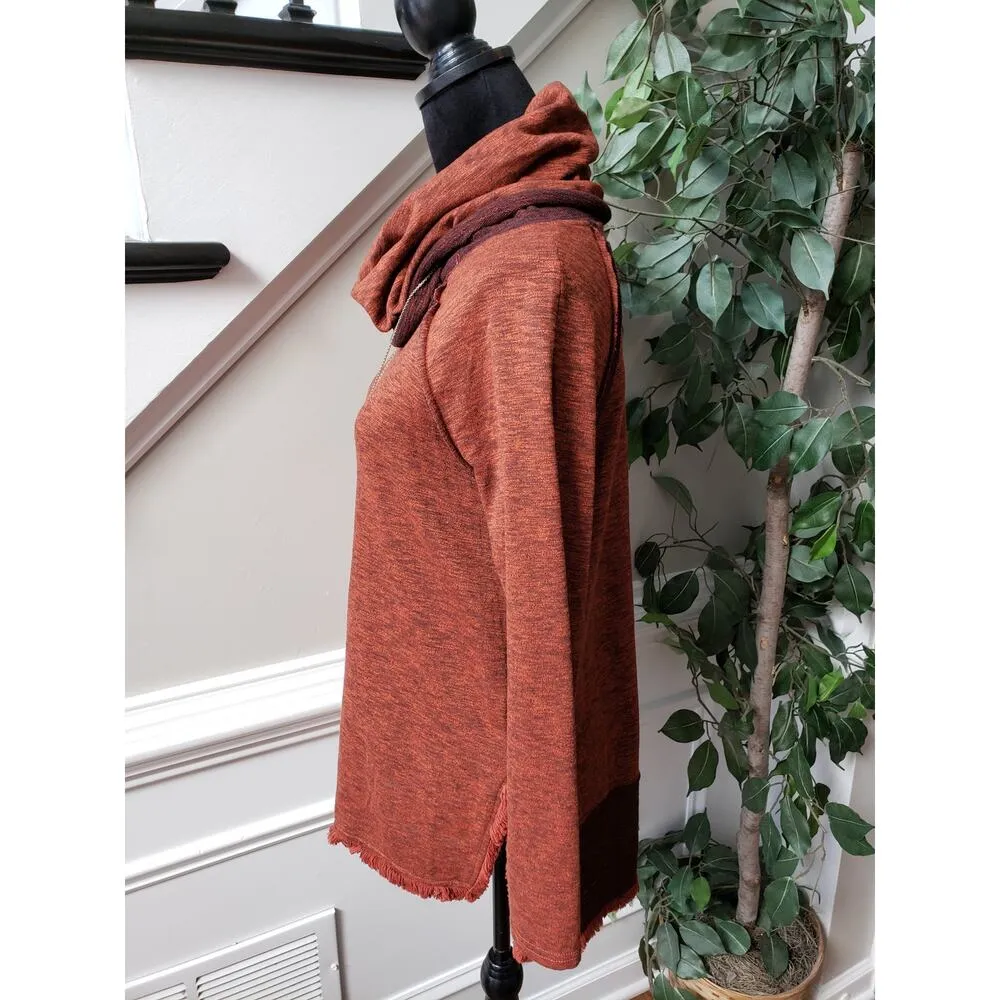 Umgee Sweater Women's Size Small Brown Cowl Neck Cotton Fringed High Low Slit - Image 11