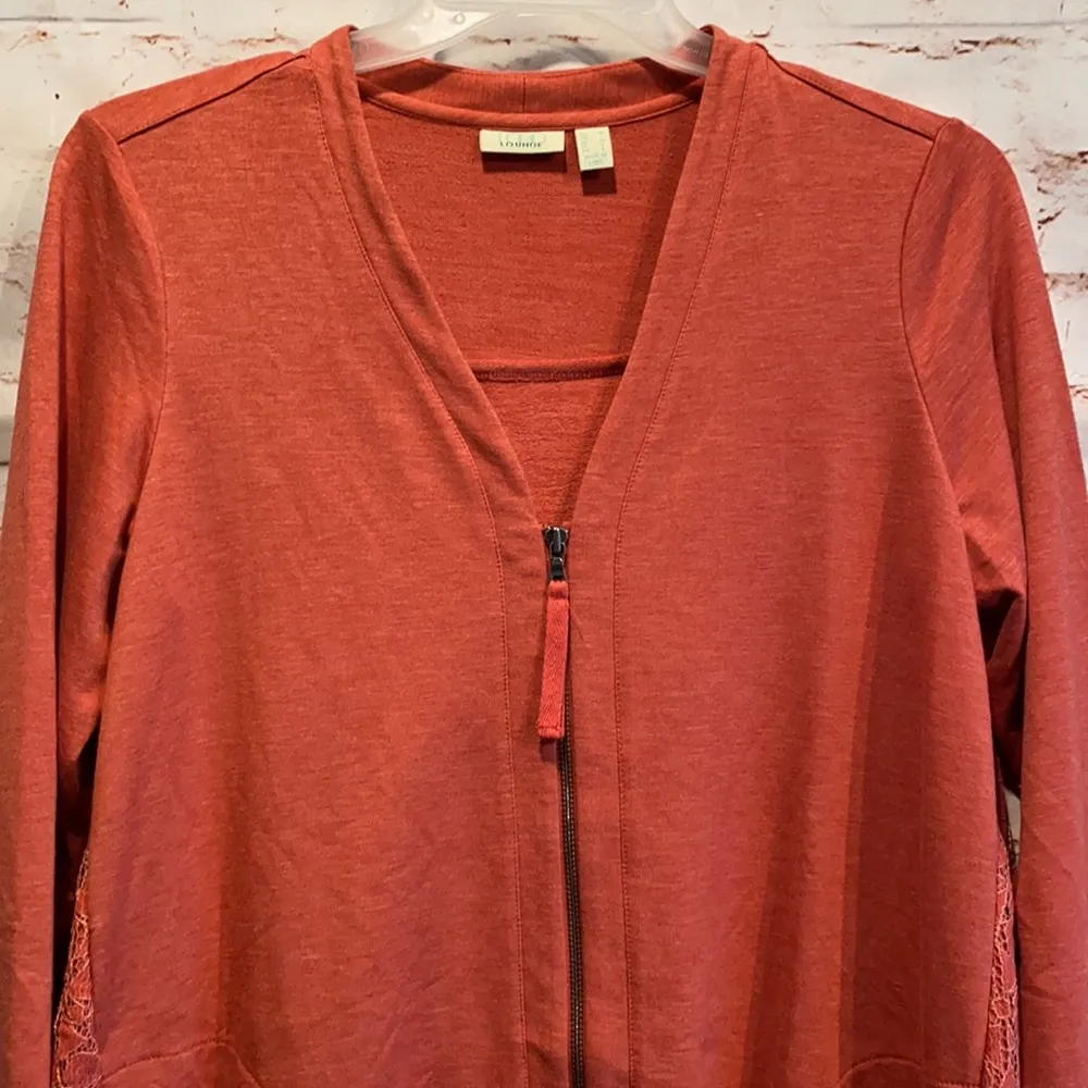 LOGO Lounge by Lori Goldstein Zip front cardigan lace back Medium coral full zip - Image 2